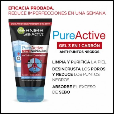 Pure Active - Gel Limpiador 3en1 con Carbón Activo - Piel Grasa/Acnéica - 150ML